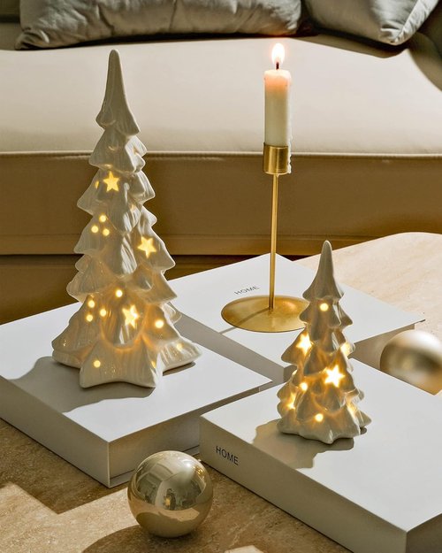 DN DECONATION White Ceramic Christmas Trees - 2-Piece Prelit Tabletop Decor with Stars & Dots Cutouts