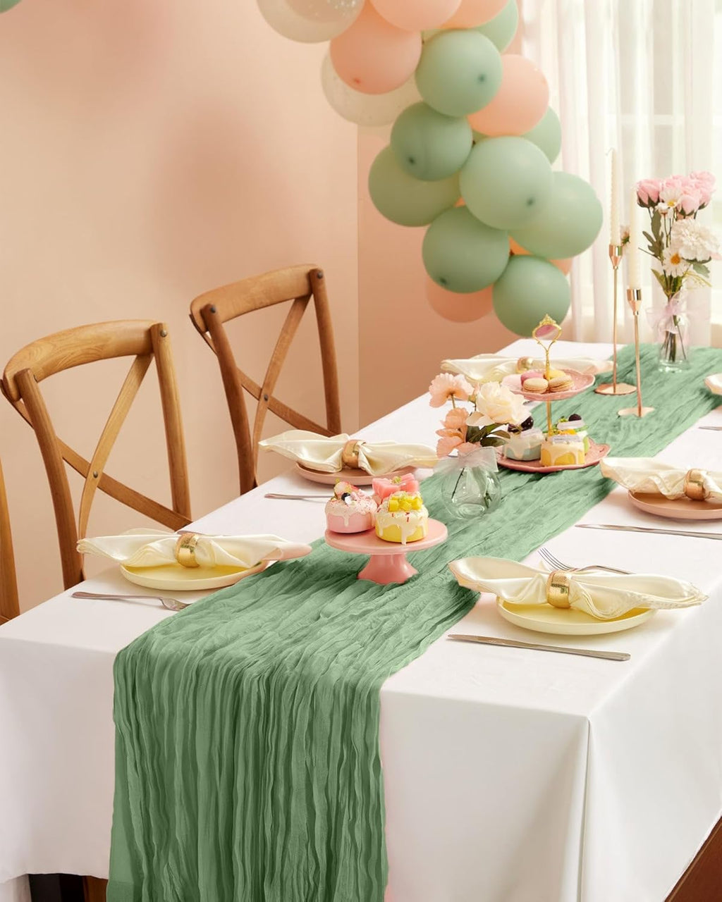 Pureegg Cheesecloth Table Runner - 120'' Sage Green Boho Decor for Easter, Weddings & Parties