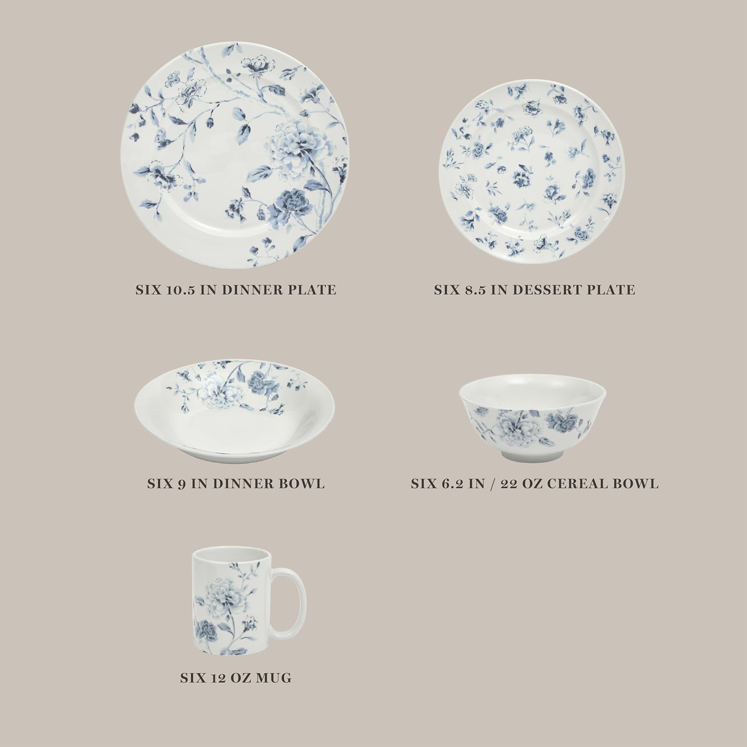 Martha Stewart Empress Bouquet Dinnerware Set - 30 Piece Porcelain Plates & Bowls | Chip & Scratch Resistant, Blue Floral