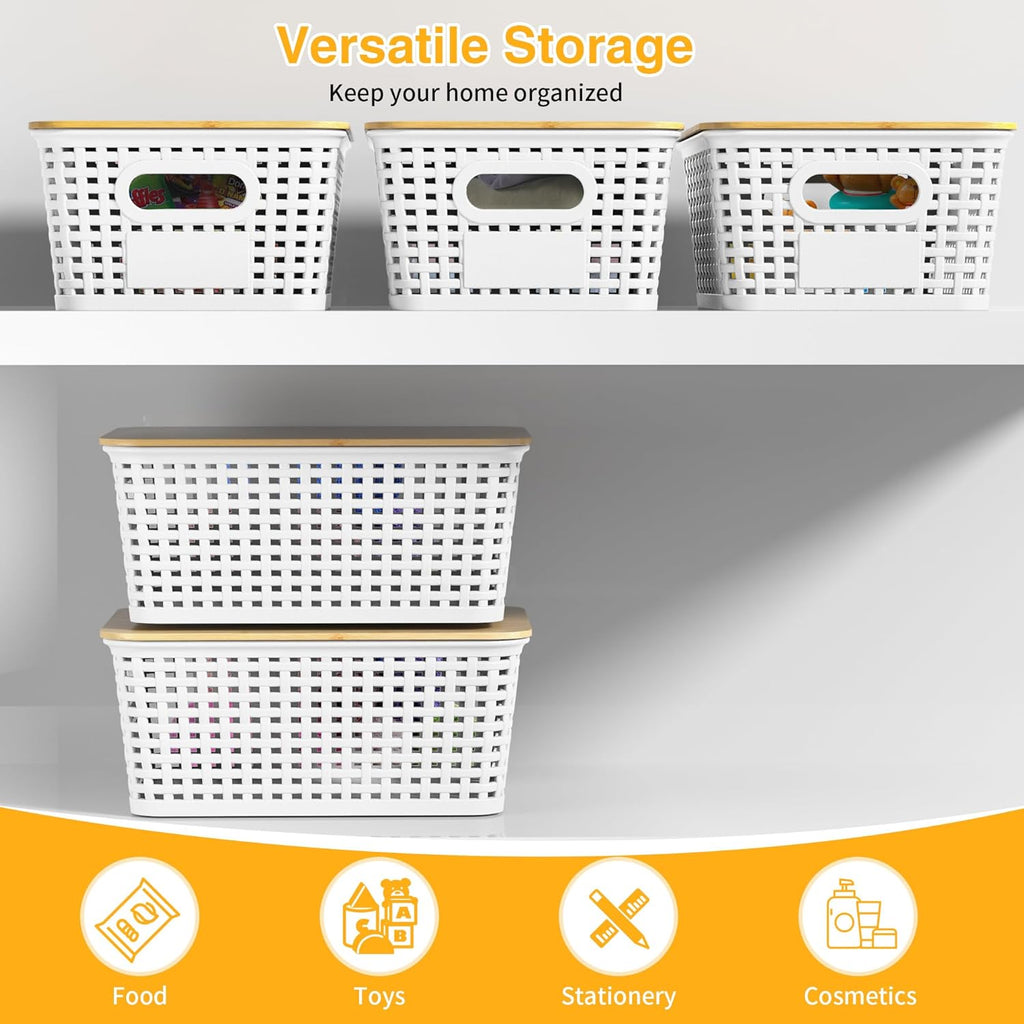 Skiennix Plastic Storage Baskets - Stackable Containers with Bamboo Lids & Labels | 6-Pack White