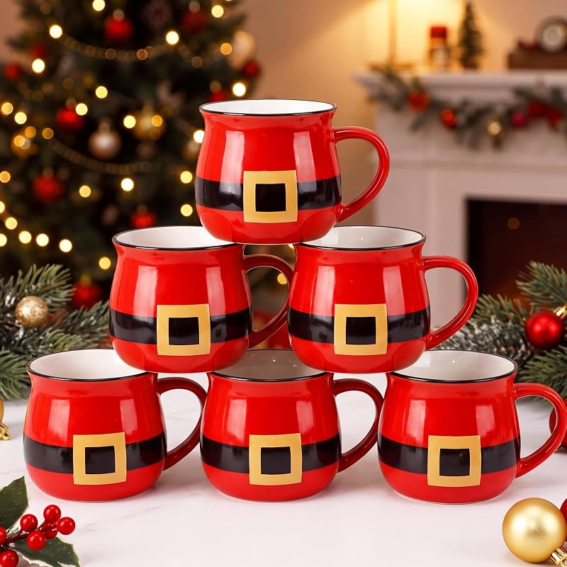 Vesici 6 Pcs Red Santa Christmas Ceramic Mugs – Bulk Coffee Cups, Santa Variation