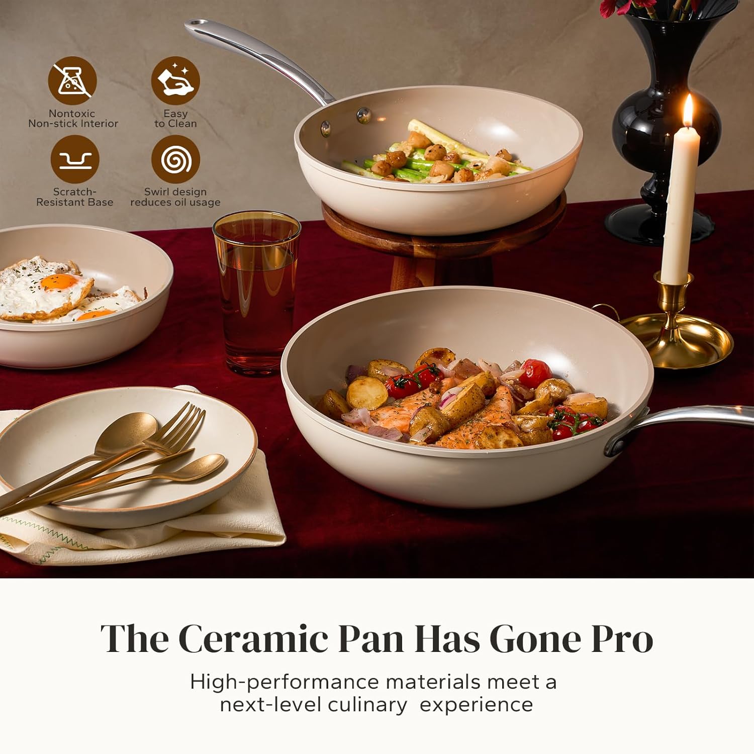 Redchef Nonstick Ceramic Frying Pan - Stay Cool Handle, PFOA & PFAS Free, 8" Beige Skillet