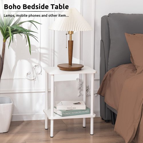 Apicizon 2 Tier End Table, Small Side Table with Solid Wood Legs, Boho Bedside Table with Storage Shelf, Nightstand for Small Spaces, Bedroom, Living Room, Entryway, Farmhouse, Easy Assembly, White