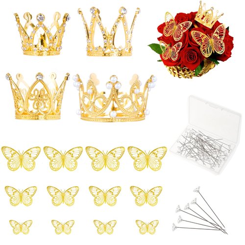 66PCS Flower Bouquet Accessories Gold, Cake Crown Topper, Mini Crowns Decoration for Birthday Wedding
