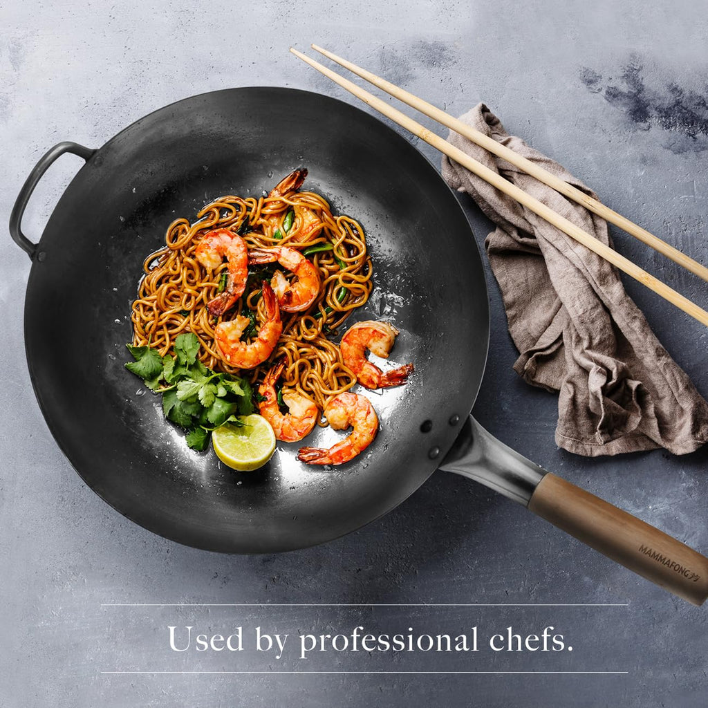 Mammafong Round Bottom 14-inch Traditional Carbon Steel Wok Pan - Authentic Hand Hammered Woks and Stir Fry Pans - Pow Wok with no chemical coating