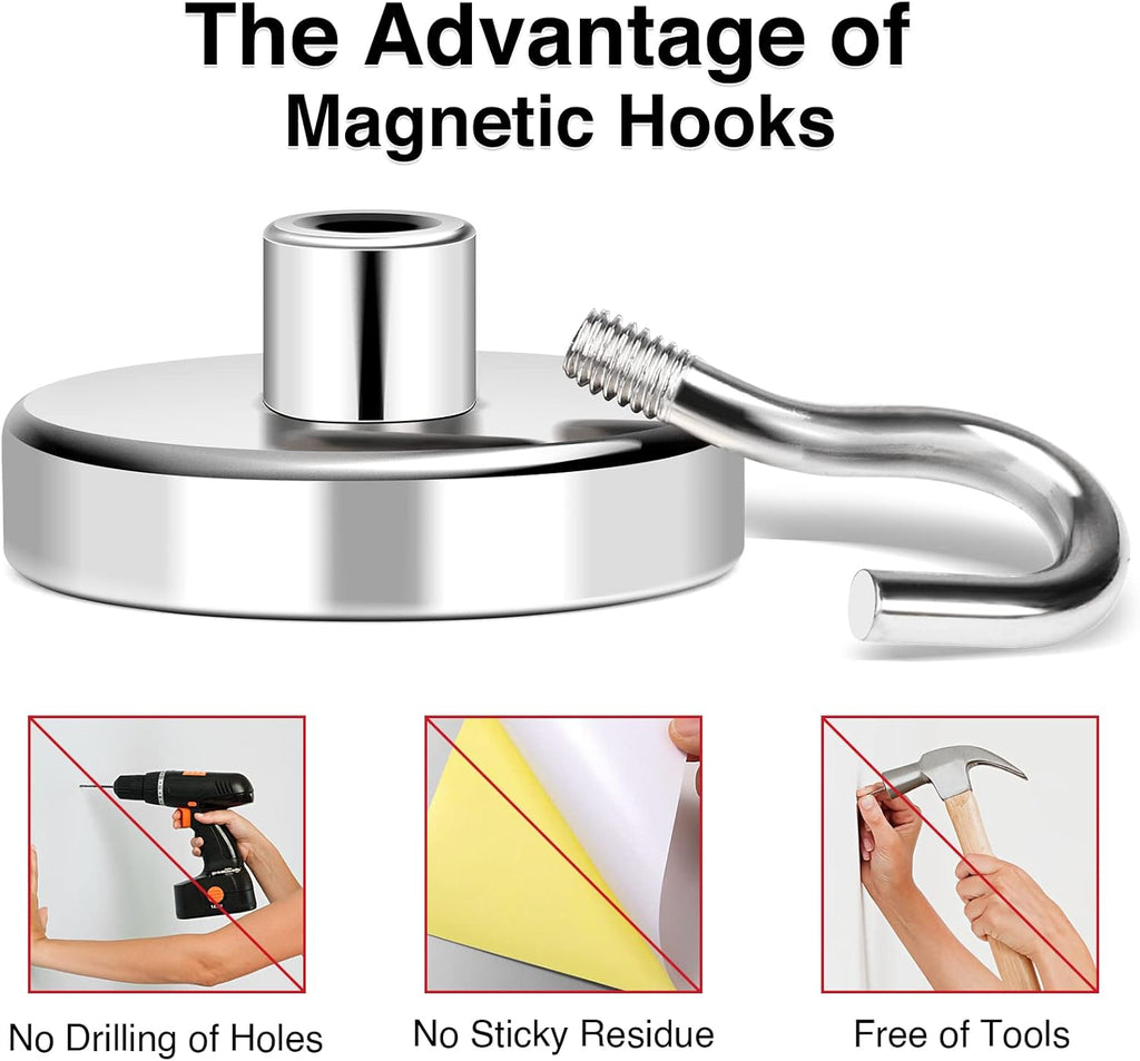 MIKEDE Heavy Duty Magnetic Hooks - 170Lbs Super Strong Neodymium Magnet Hangers for Storage | 4 Pack