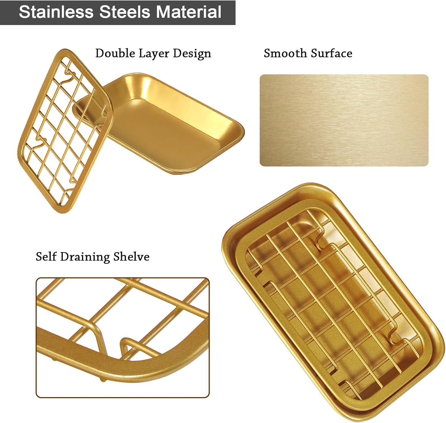 SheeChung Kitchen and Bathroom Soap Dish Tray - Metal Soap Dish Tray with Drainage Grid and Holder for Kitchen Sink Countertops to Store Soap, Sponges, Scrubbers - Rust Resistant (Gold)