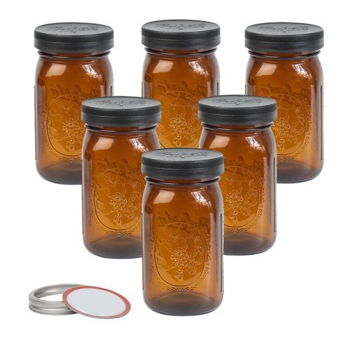 Yodecy 6 Pack 32 oz Amber Wide Mouth Mason Jars with Airtight Lids and Black Plastic Mason Jar Lids, Amber Canning Jars