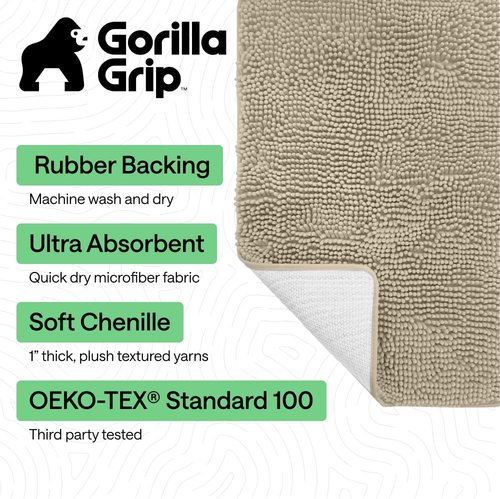 GORILLA GRIP Bath Rug Mat - Soft Absorbent Chenille | Quick-Dry Microfiber, Rubber Backing, 24x17, Sand