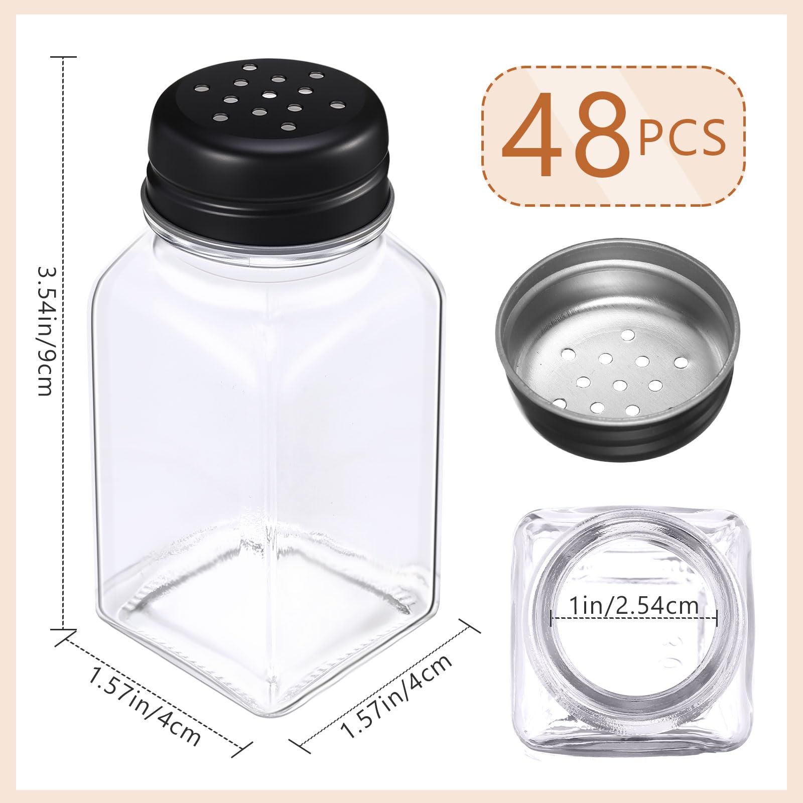 Bokon 48 Pack Glass Salt Shaker Bulk with Stainless Lids 2.7oz Small Spice Shaker for Kitchen Restaurants and Catering Wedding Party Supplies(Black,Classic)
