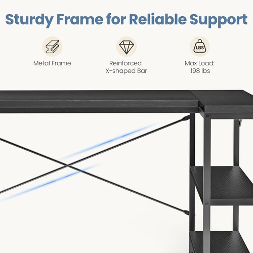 DUMOS L-Shaped Desk - 47-Inch Computer Desk with Reversible Storage Shelves | Modern Black Home Office Furniture