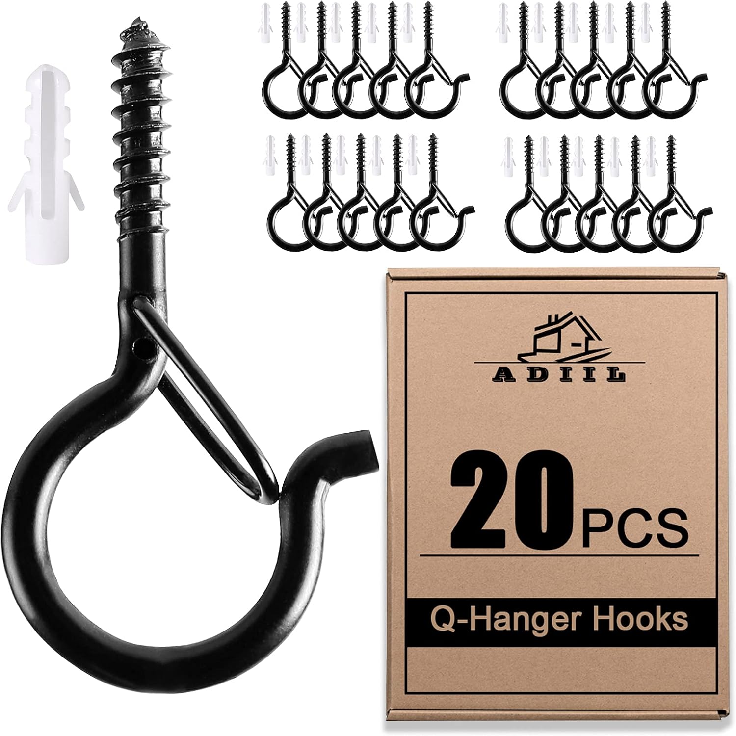 ADIIL 20 PCS Q Hanger Hooks - Windproof Screw Hooks for Outdoor String Lights & Plants | 2.2 Inches, Black