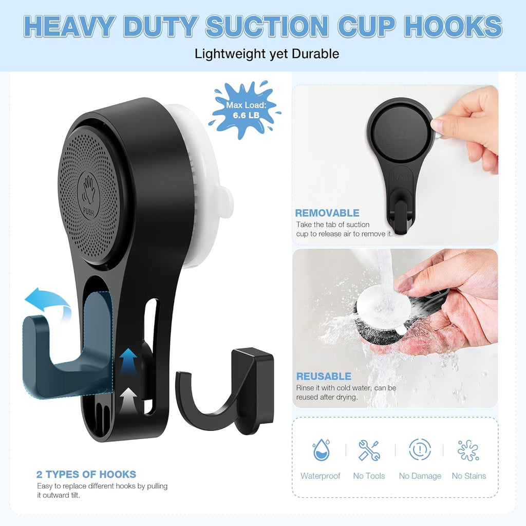 VIS'V Heavy-Duty Shower Suction Cup Hooks - Removable & Reusable, Black | 2 Pcs