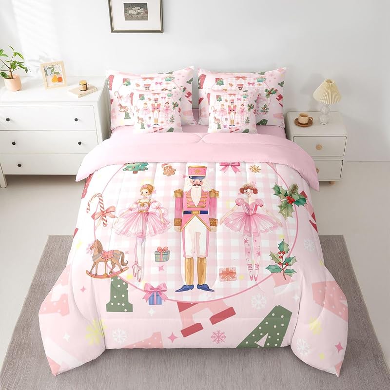 Feelyou 7-Piece Queen Comforter Set with Sheets (Pink/White/Green) - Microfiber Bedding
