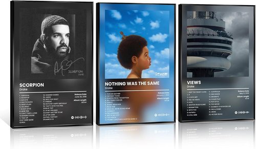 Anslivle 3-Piece Framed Canvas Drake Album Cover Posters - Black | 16x24 Inches Contemporary Music Wall Art for Home