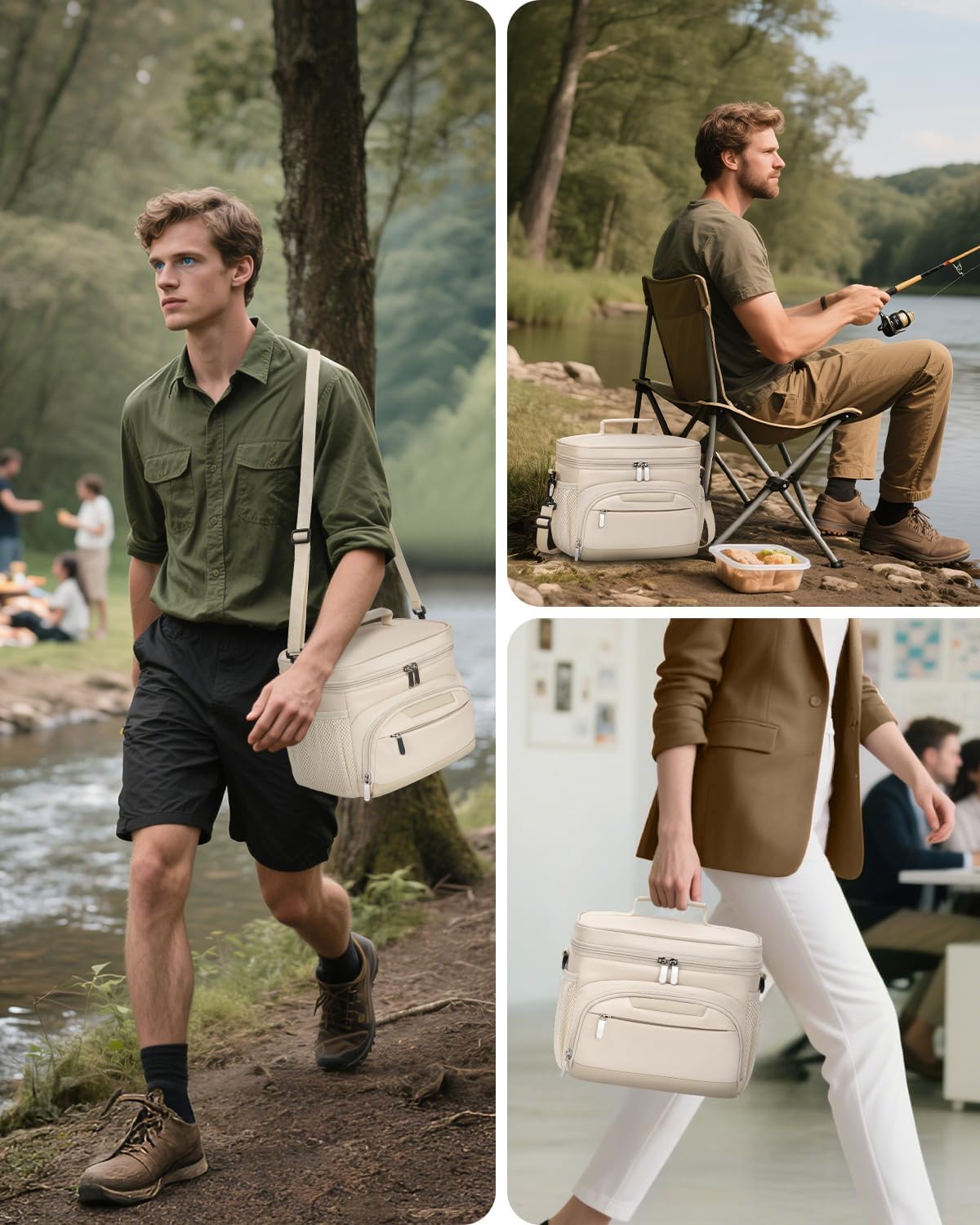 Skiennix Insulated Lunch Box - Leakproof Soft Cooler Tote Bag with Adjustable Strap for Adults | Beige, 12-Can (8L)