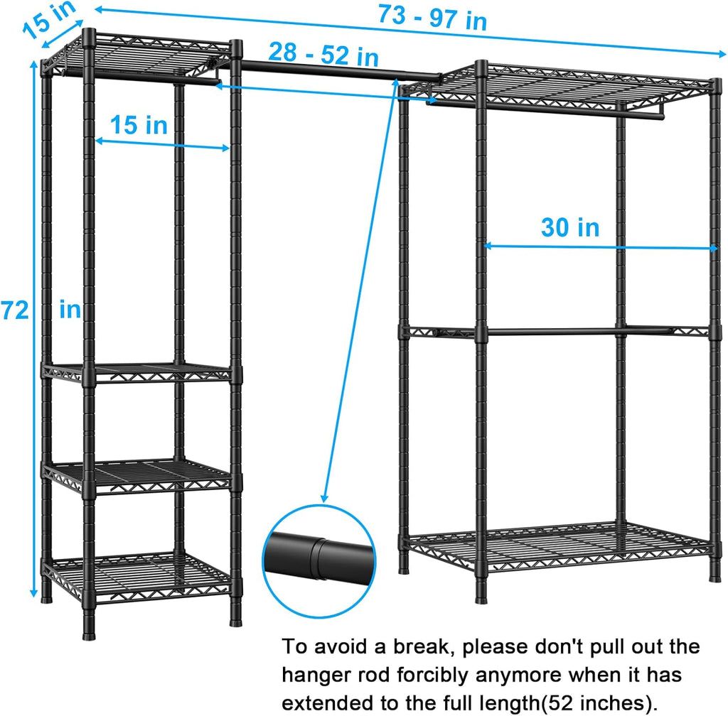 Ulif E10 Clothes Rack - Adjustable Freestanding Clothing Organizer | Portable Garment Rack 73-97"W x 15"D x 72"H, Max Load 800LBS, Black