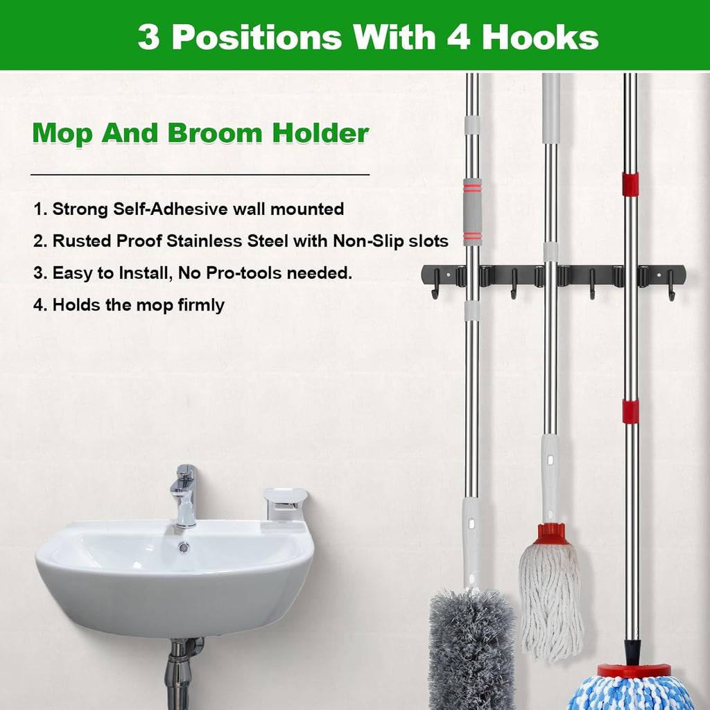 Voze Mop and Broom Holder - 3 Racks & 4 Hooks | Heavy-Duty Wall Mount Organizer for Home & Garage