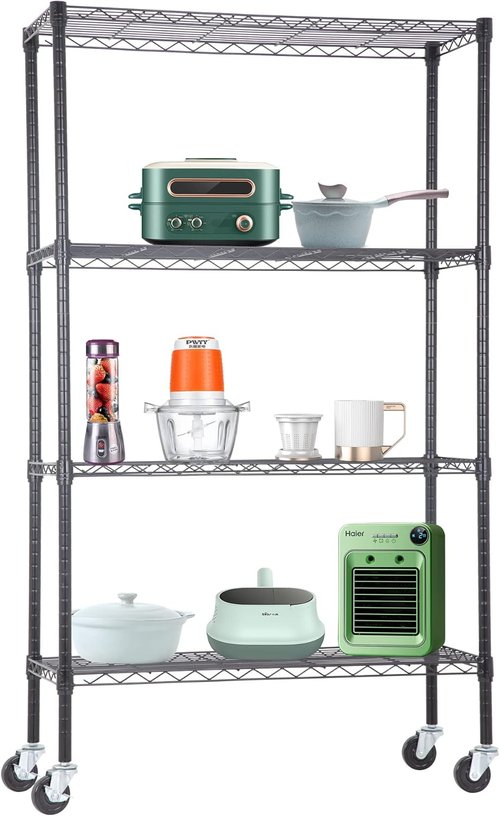 BestOffice 4-Tier Wire Storage Shelves - Heavy-Duty Metal with Wheels | Adjustable, 36x14x62 | Black | Easy No-Tool Assembly, Holds Up to 500 lbs | Perfect for Home & Garage