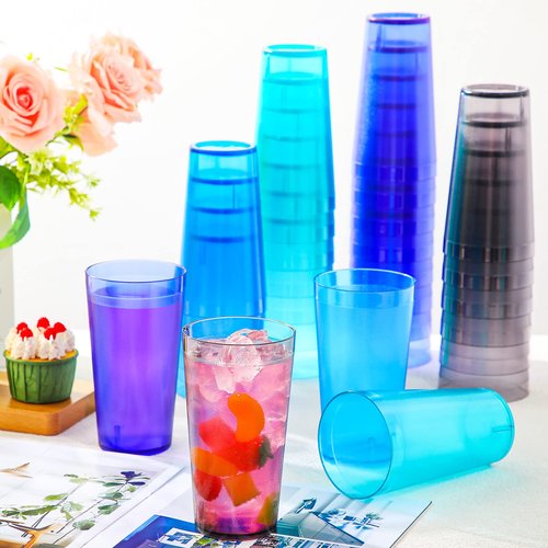 Norme 48 Pcs Plastic Restaurant Tumblers Plastic Reusable Cups Stackable Drinking Glass Dishwasher Safe Tumblers in 4 Coastal Colors for Kitchen Water(20oz)