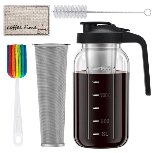 Cold Brew Coffee Maker, 64oz Cold Brew Pitcher with Stainless Steel Filter & Coffee Mat, Glass Cold Brew Mason Jar with Airtight Lid, Cold Brew Brewer Kit Tea Infuser Pitcher, Gifts for Coffee Lovers