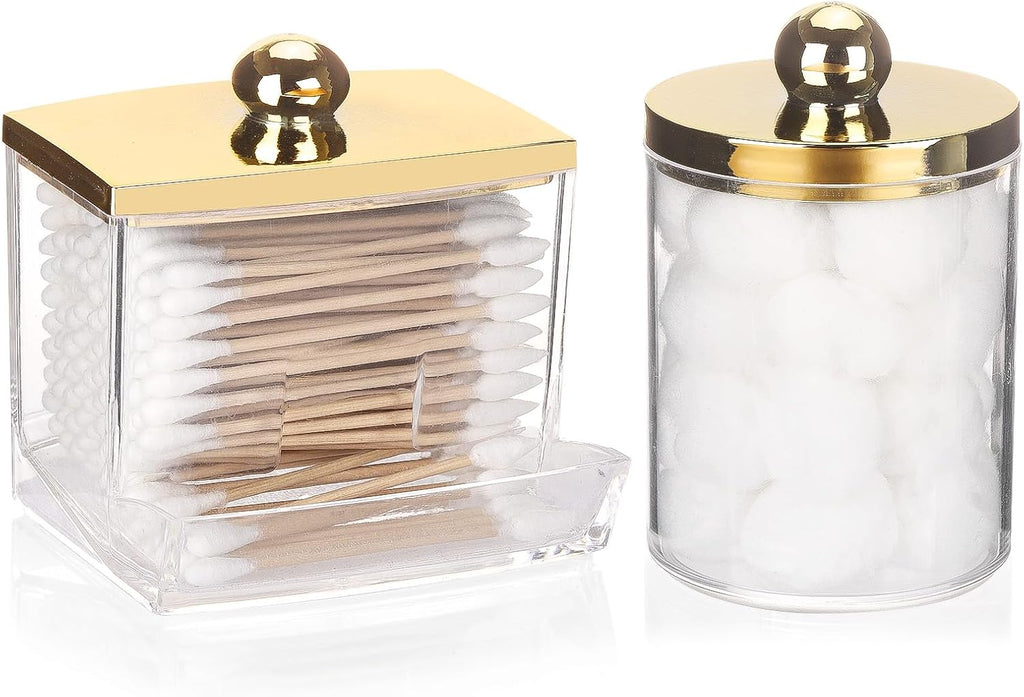 Tbestmax Q-Tips Dispenser - Elegant Bathroom Organizer with Gold Lids | Plastic Apothecary Jars for Cotton Balls and Swabs