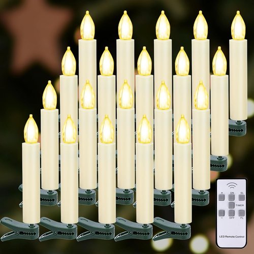LED Christmas Candles - Flickering Flameless Taper Candles with Remote Timer | Warm White Light, Set of 20