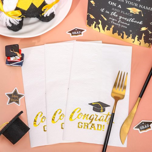 FYSUIMU Graduation Guest Napkins - 50 Pcs Gold Foil Congrats Grad Cap Design | Disposable Dinner Paper Towels