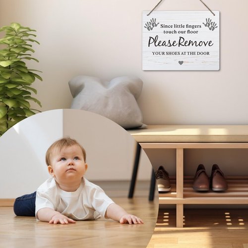 Please Remove Your Shoes Sign, 10x8 Inches Shoes Off Sign for Front Door, Since Little Fingers Touch Our Floor Door