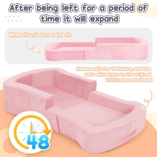 whiffee Toddler Travel Bed, 2-in-1 Foldable Portable Toddler Bed Sofa Chair, Soft Baby Kids Travel Floor Cot with Washable Covers Safety Foam Raised Bumper for Camping Hotel Sleeping (Pink)