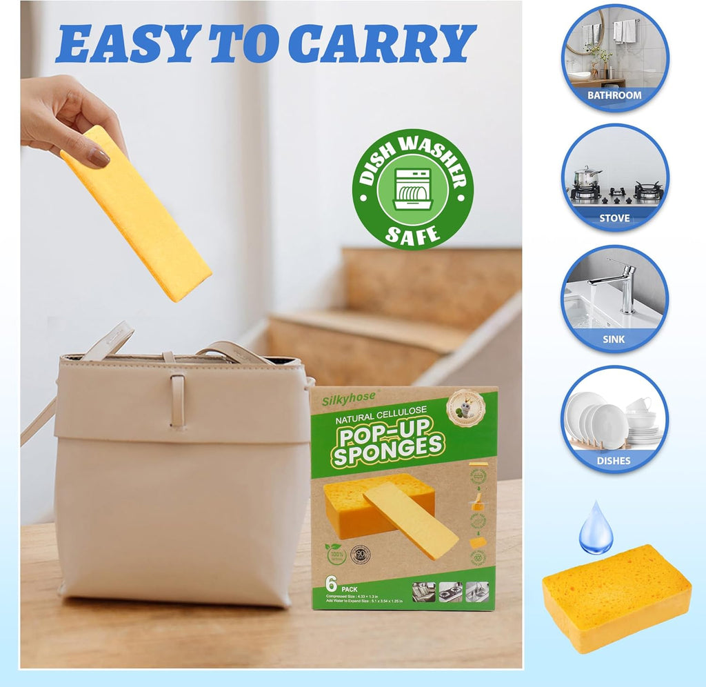 Pop-Up Cellulose Sponges - Biodegradable & Super Absorbent | Large Thick, Tear-Resistant | 6 Pack for Kitchen & Dishes