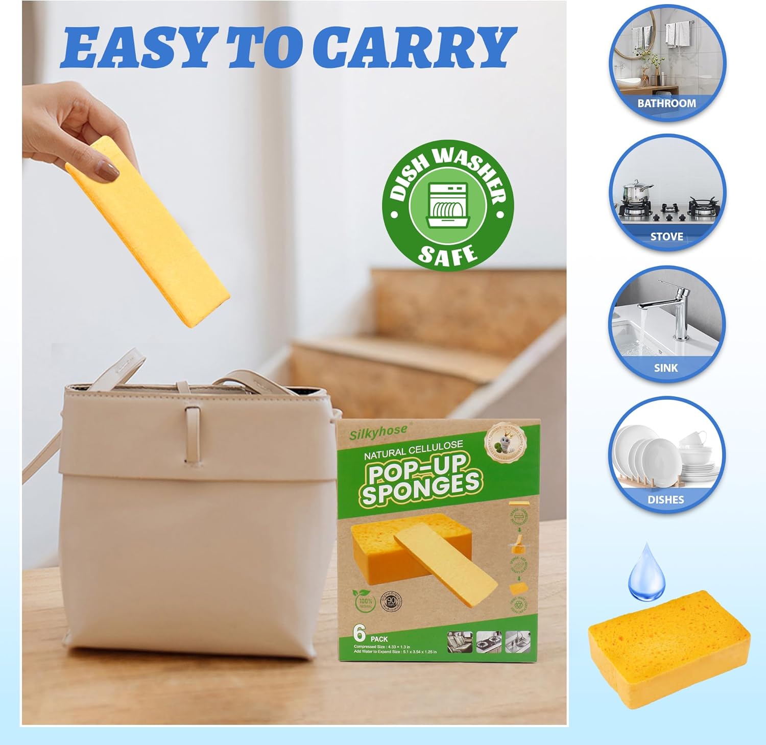 Pop-Up Cellulose Sponges - Biodegradable & Super Absorbent | Large Thick, Tear-Resistant | 6 Pack for Kitchen & Dishes