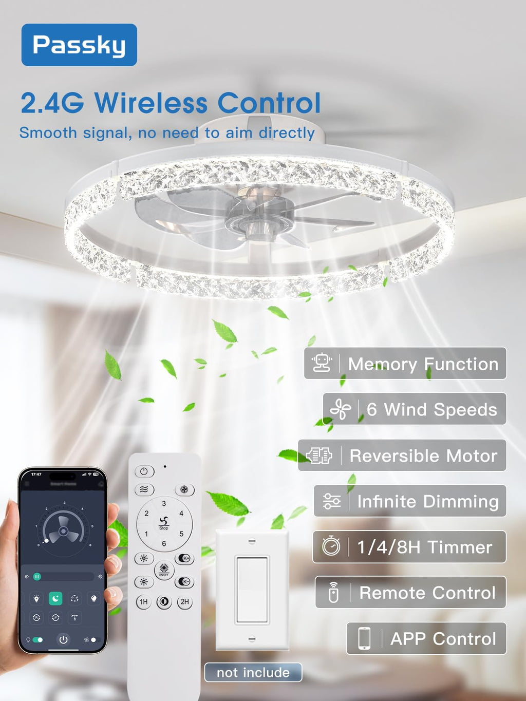 Passky 20” Low Profile Ceiling Fan with Lights and Remote, Dimmable LED Flush Mount Fandelier, 6 Speeds, 3000K–6000K, White Modern Ceiling Fan for Bedroom, Kitchen, Living Room