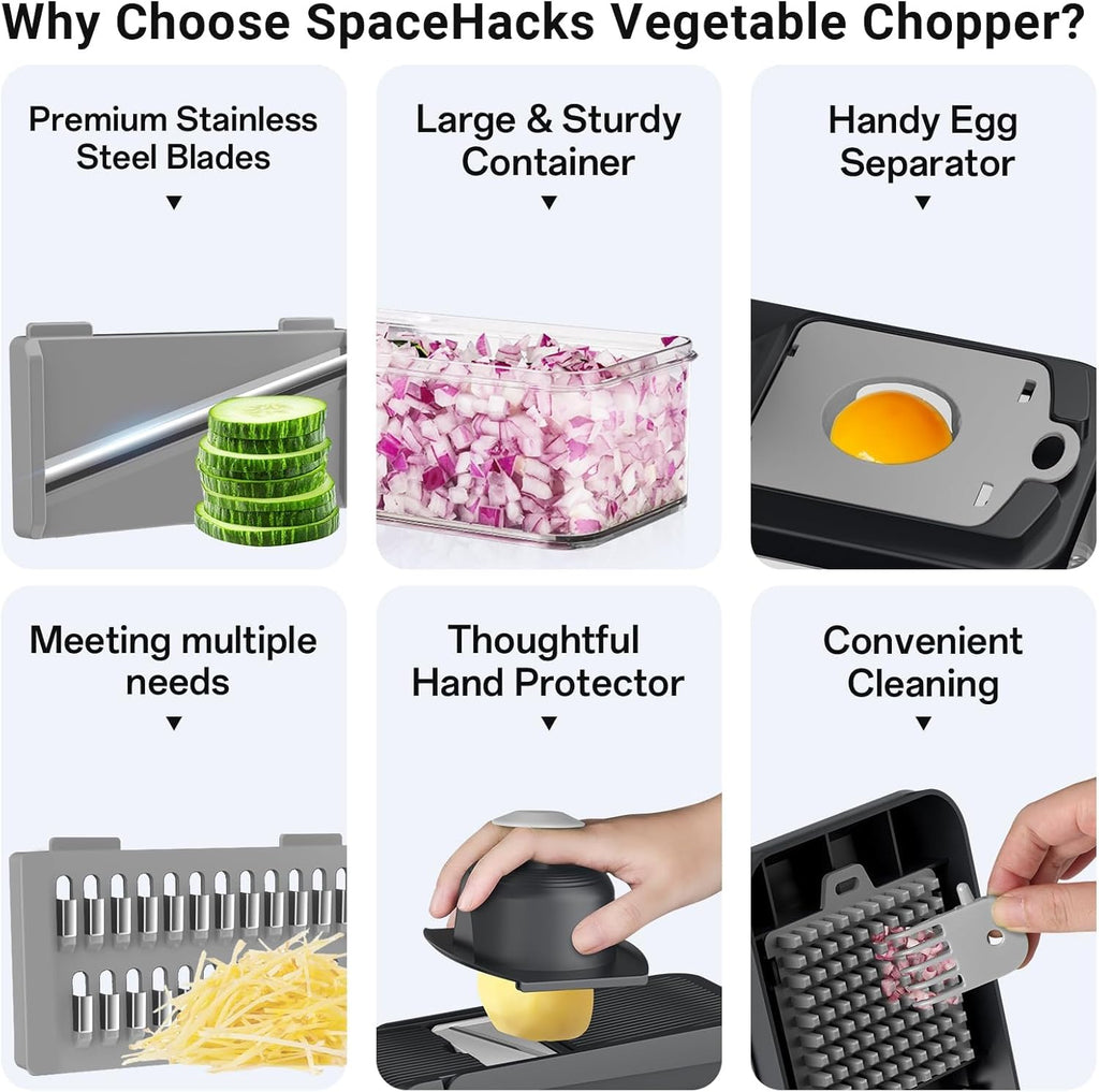 SpaceHacks 12-in-1 Vegetable Chopper - Versatile Kitchen Gadget with 7 Blades & Egg Separator | Gray