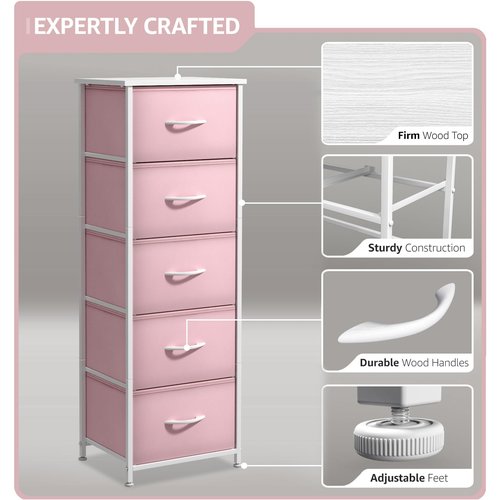 Sorbus Fabric Dresser for Kids Bedroom - Chest of 5 Drawers, Tall Storage Tower, Clothing Organizer, for Closet, for Playroom, for Nursery, Steel Frame, Fabric Bins - Wood Handle (Pink)