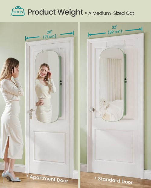 SONGMICS Jewelry Organizer, LED Jewelry Cabinet Wall/Door Mounted, Lockable Rounded Wide Mirror with Storage, Interior Mirror, 3.9 x 16.5 x 42.5 Inches, Laurel Green Surface with Cream White Lining