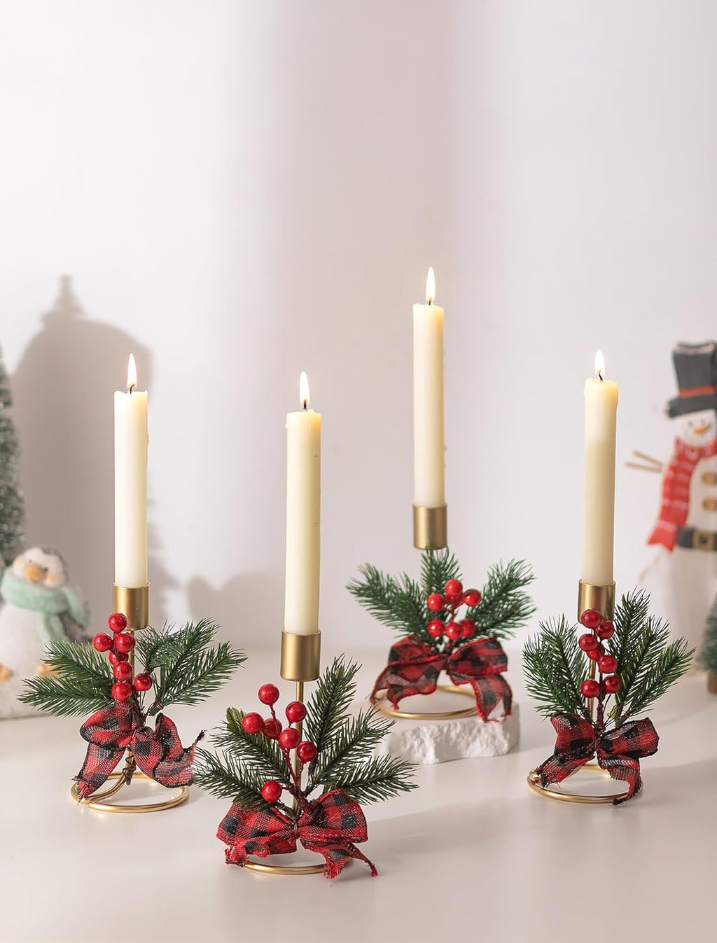 Romadedi Candle Holders - Gold Taper Candlestick Holders with Red Berry Decor | Set of 2 for Festive Christmas Centerpieces