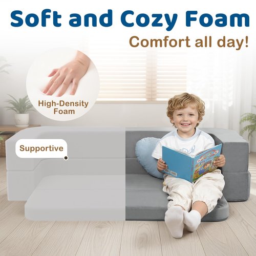ENITYA 3-in-1 Foldable Floor Bed with Two Pillow for Kids, Soft Foam Toddler Cot with Washable Cover, Toddler Travel Bed for Naps, Playing, Sleepover, Grey