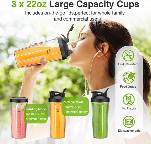 KOIOS Blender - Personal Smoothie Maker with 3 To-Go Cups | 22000 RPM, Detachable 6-Leaf Blade, Black