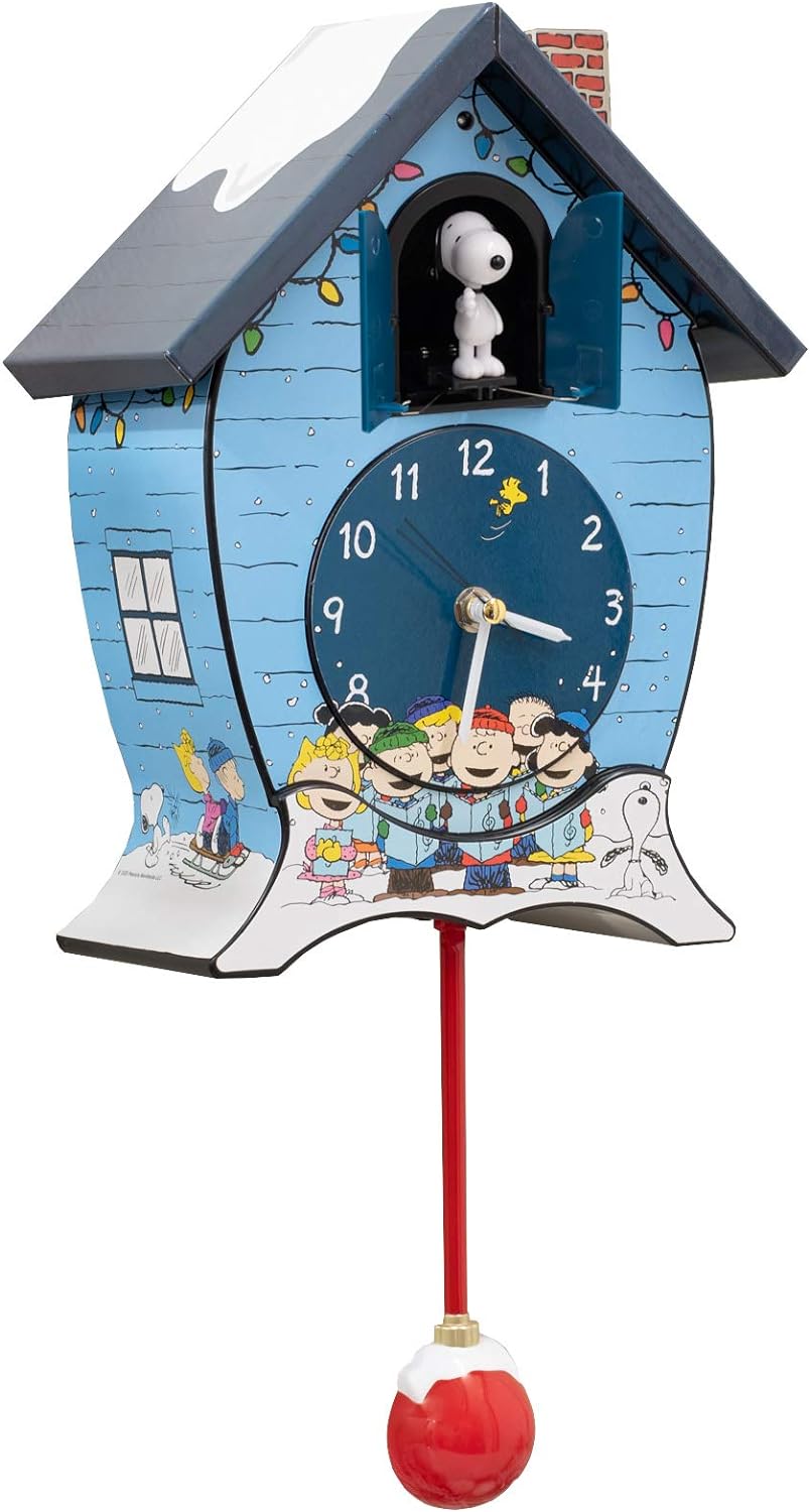 Mark Feldstein Peanuts Gang Holiday Cuckoo Clock - Icy Blue, 17-Inch Decorative Timepiece