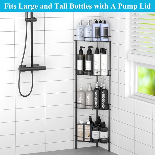 HuggieGems Corner Shower Caddy Organizer - 4 Tier Floor Stand with Hooks | Black Bathroom Shelf Rack