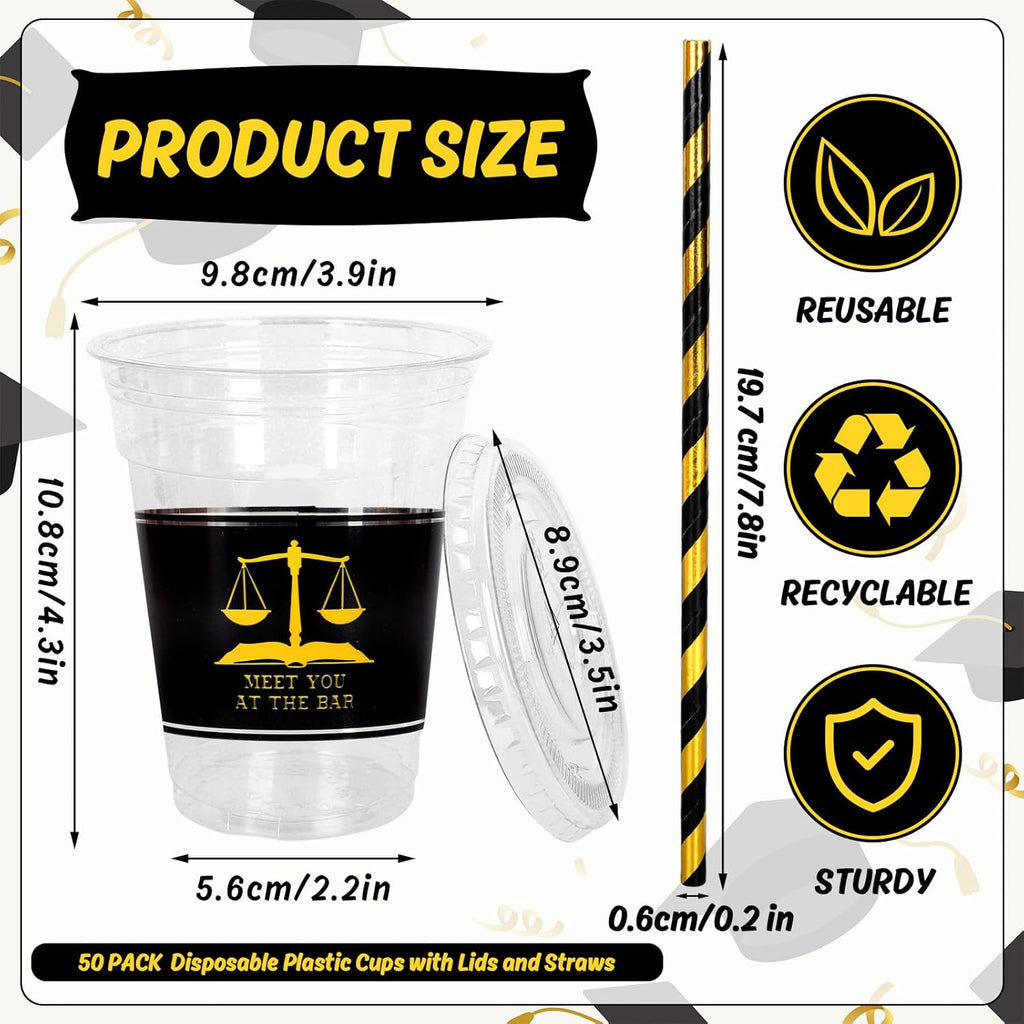 Whaline 50Pcs 12Oz Law School Graduation Cups - Disposable Plastic with Lids & Straws for Celebrations