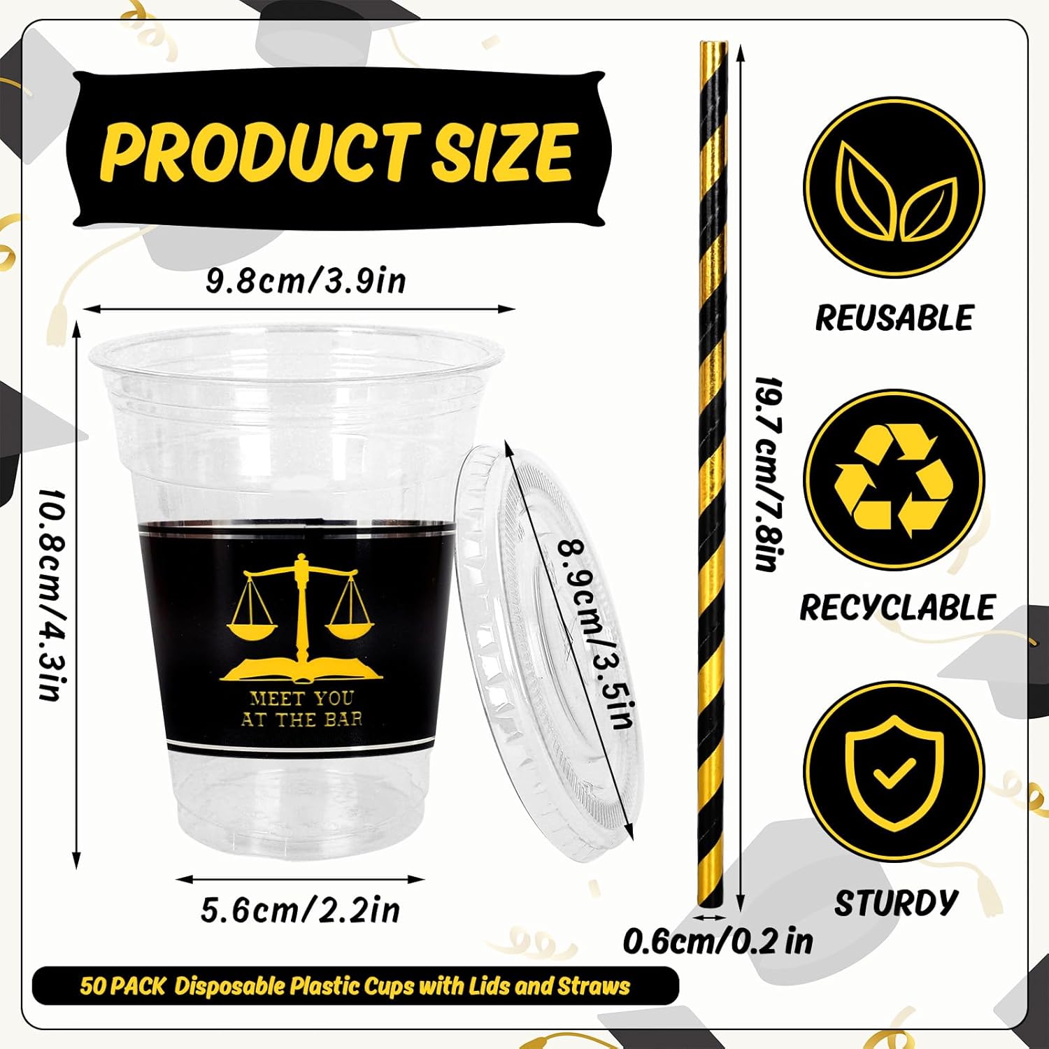 Whaline 50Pcs 12Oz Law School Graduation Cups - Disposable Plastic with Lids & Straws for Celebrations