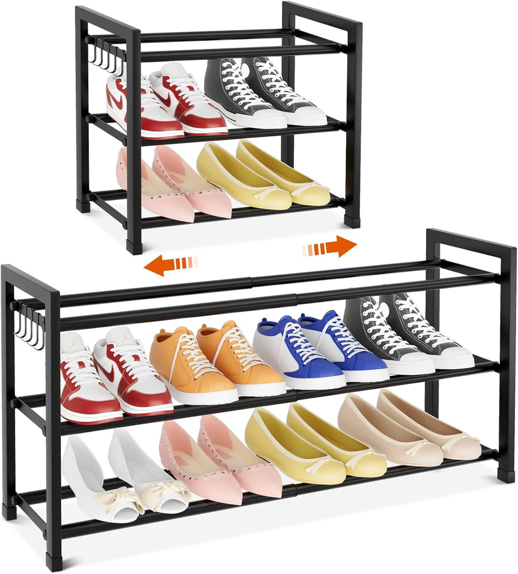 Skiennix Expandable Shoe Rack - Adjustable Metal Organizer for 12 Pairs | 3-Tier Free Standing Design, Black