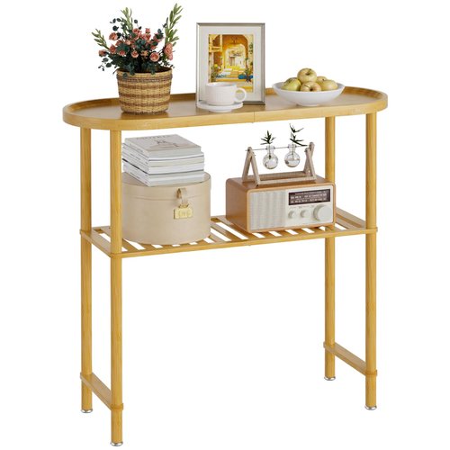 Small Entryway Table Bamboo 30.7", Narrow Hallway Table Oval Top 2-tier, Slim Console Table with Anti-fall Edge, Sofa Side Table 5min Easy Assembly, Small TV Stand for Bedroom, Indoor Plant Stand