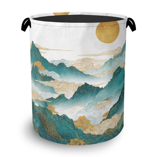 Abstract Mountains Laundry Basket,Golden Sun Foldable with Handles Tote Bag Oxford Cloth for Bathroom Bedroom Dirty Clothes Storage Bucket 16" x 20.8"