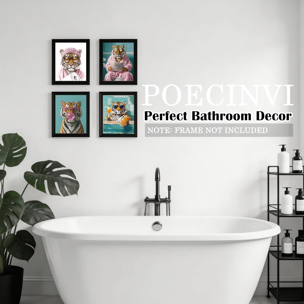 Poecinvi Pink Tiger Bathroom Wall Art Prints - Trendy 8x10 Animal Decor Set of 4 for Washroom