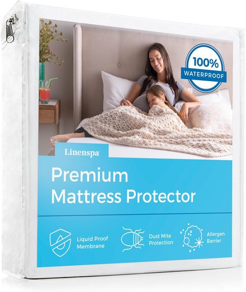 Linenspa Waterproof Mattress Protector - Queen Size, Breathable & Machine Washable, White