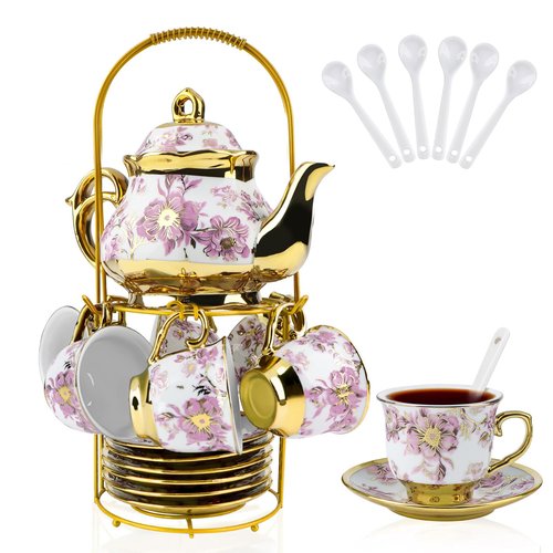 Hebaogugu 20 Pcs Porcelain Tea Set with Metal Holder, European Ceramic Tea Set for Adults, Adult Tea Set Gift, Flower Tea Cup Saucer Set for Party With Gold Flower Painting (Elegant Purple/500ml)