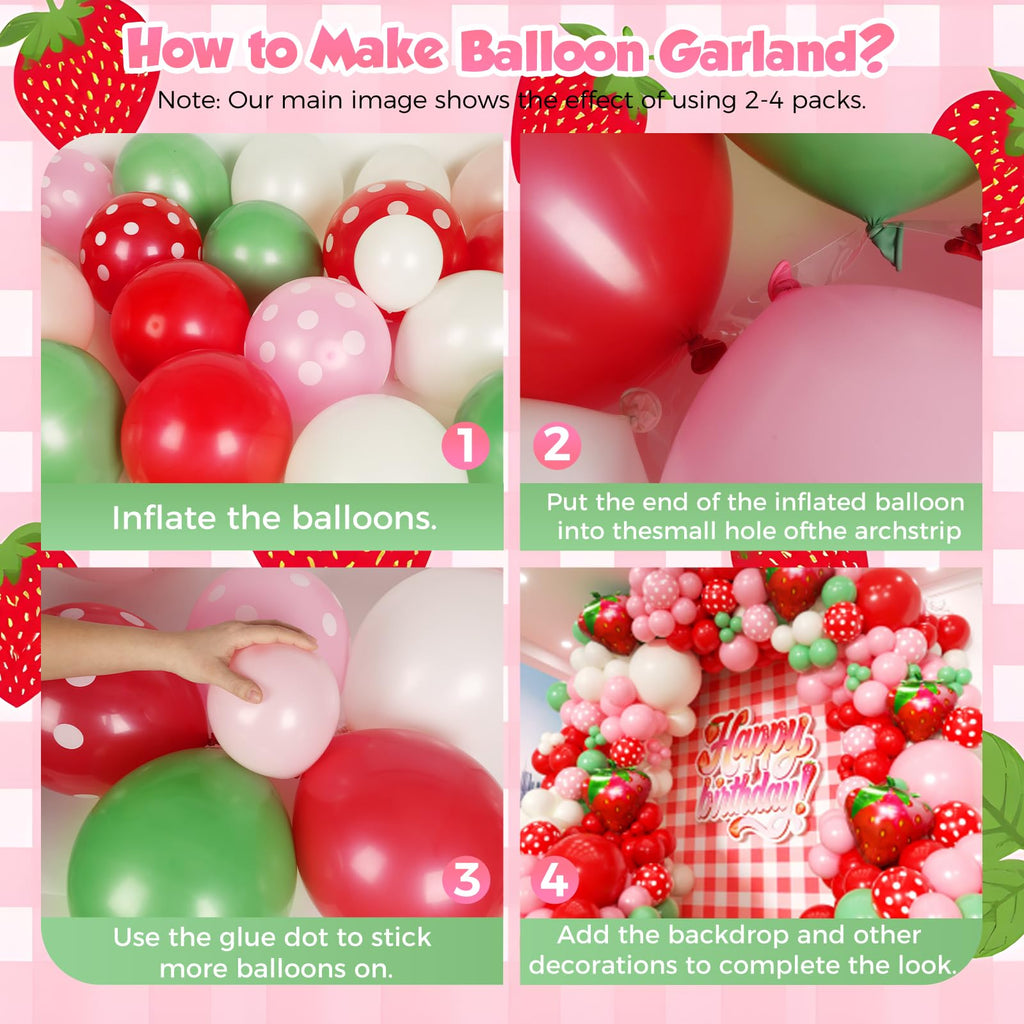 PTGOLUO Strawberry Balloons Garland Arch Kit 163pcs, Red and Pink Green Balloons for Sweet Girl Berry First Birthday Themed Baby Shower Valentine's Day Strawberry Party Decorations